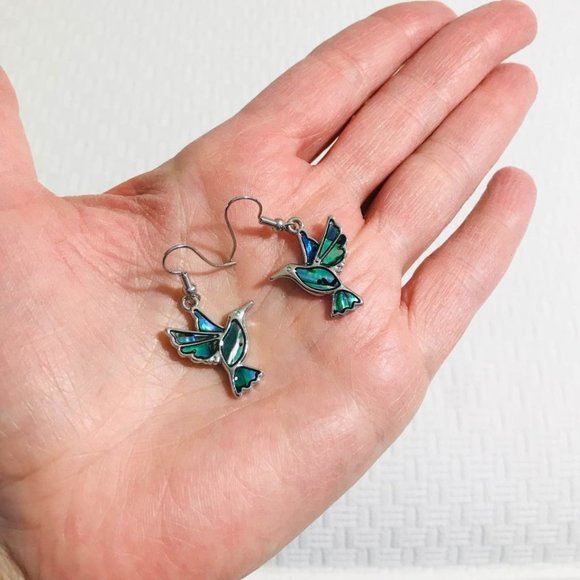 Abalone Hummingbird Earrings Silver Tone - Picture 3 of 3